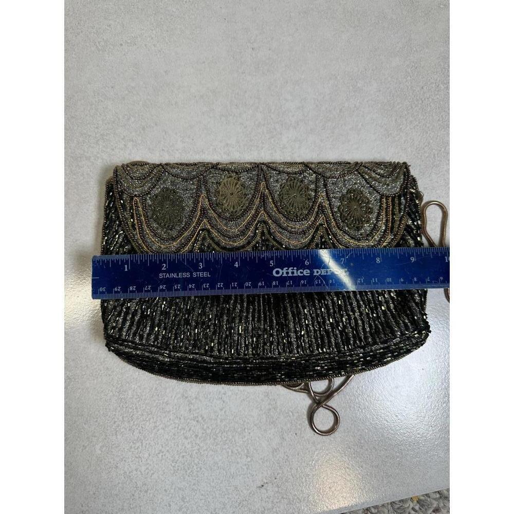 9.5x6.5 Beaded Evening Clutch Art Deco Style Gold Black Shoulder Bag - Picture 5 of 6